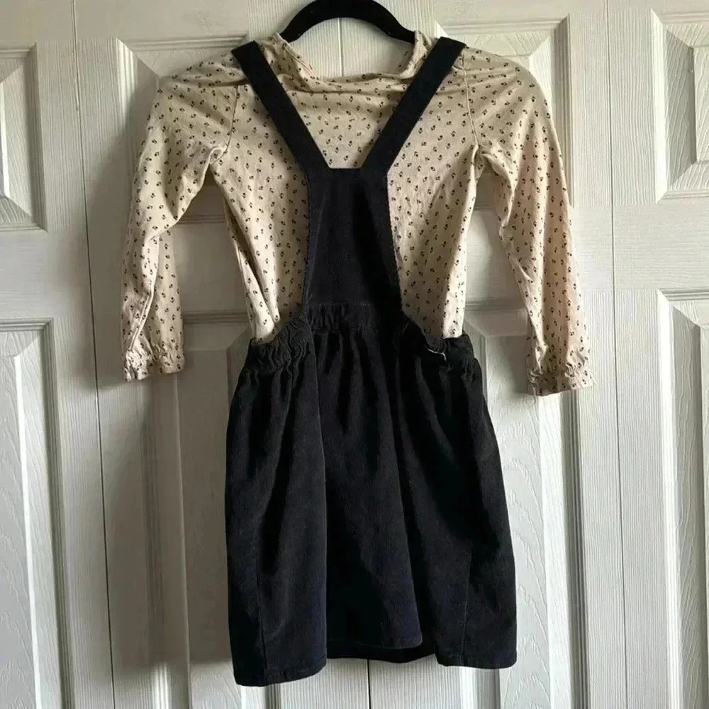H&M | Corduroy Overall Dress | with Floral Long Sleeve Top | size 7